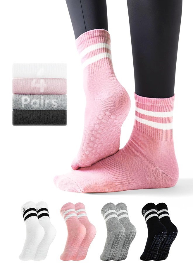 ElaraFit 4 Pack Pilates Grip Socks for Women with Grips Non Slip Yoga Socks for Pilates Reformer Barre Ballet Sticky Grippy Ankle Crew Socks Pink Black White Grey - Image 1